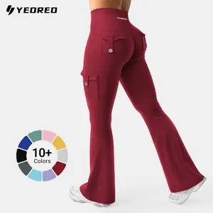 YEOREO CoreFlex High Waist Tummy Control Flare Leggings with Pockets Seamless Scrunch Butt-Lift Cargo Yoga Gym Pants Greenish