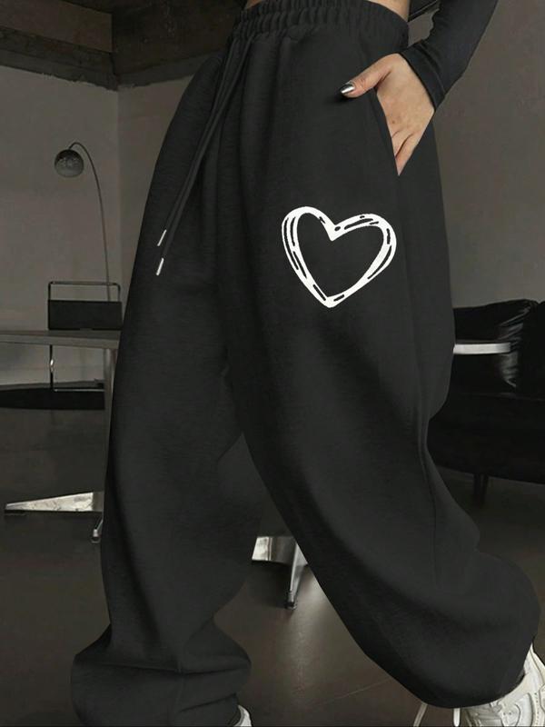 Women's Casual Sporty Long Pants, Heart Pattern Print Sweatpants, Drawstring Loose Wide Leg, All Season Fashionable Women's Clothing