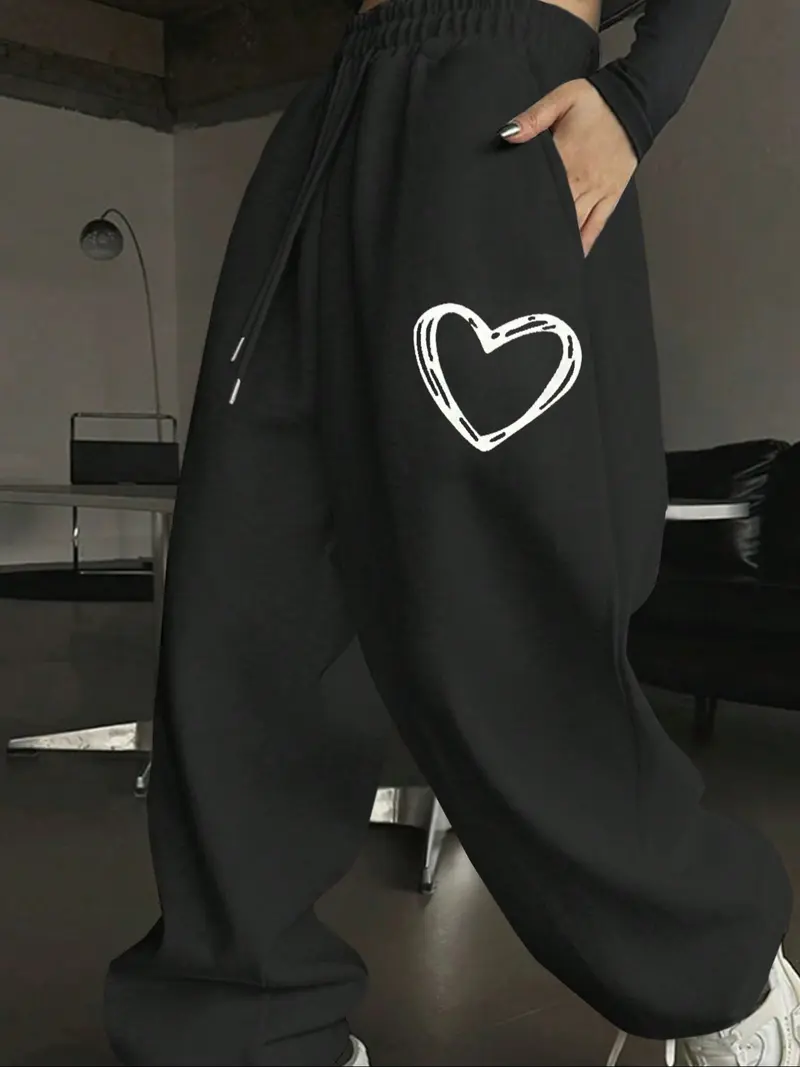 Women's Casual Sporty Long Pants, Heart Pattern Print Sweatpants, Drawstring Loose Wide Leg, All Season Fashionable Women's Clothing