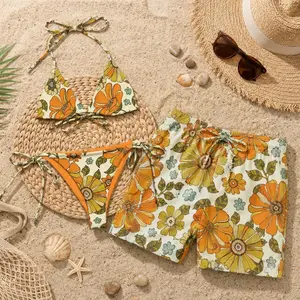 [Hot Summer 2026 Matching Set] Orange Yellow Floral Couple Beachwear Set, Retro String Bikini and Men’s Drawstring Swim Shorts, 70s Summer Outfit