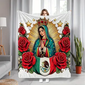 Our Lady of Guadalupe Printed Flannel Blanket, Soft and Comfortable, Suitable for All Seasons, Knitted Polyester Bedding, Digital Printing, Suitable for Sofa, Mattress, Office, Car, Camping, Travel, and Home Decoration
