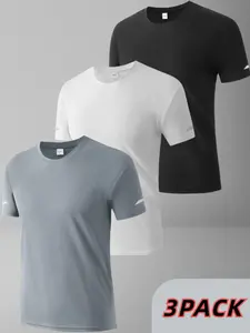 Men's Solid & Checker Print Round Neck Sports Tee, Regular Fit Casual Short Sleeve Crew Neck T-Shirt for Outdoor Activities, Men's Sportswear for All Seasons