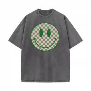 Casual Oversized Women's T-Shirt, Checkerboard Smiley Face Design, Spring Summer Daily Wear, Perfect Gift for Friends & Family