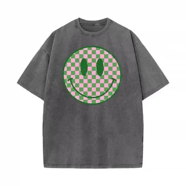 Casual Oversized Women's T-Shirt, Checkerboard Smiley Face Design, Spring Summer Daily Wear, Perfect Gift for Friends & Family