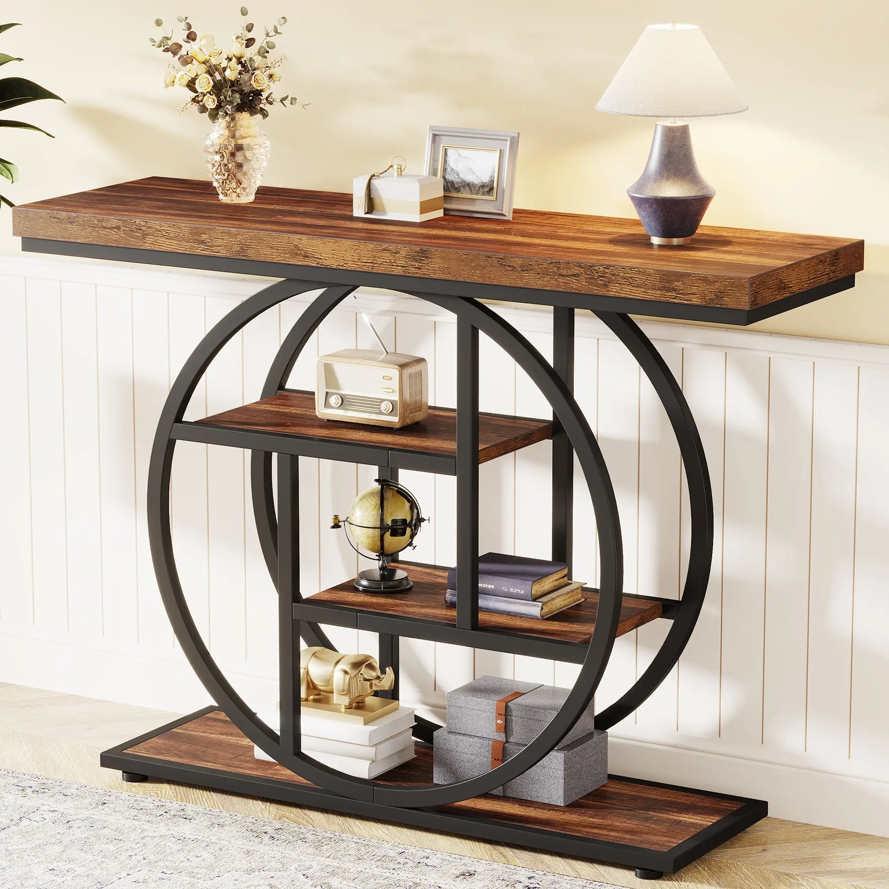 Spaco 41.3" Industrial 4-Tier Console Table - Narrow Wood Accents Table with Circular Base, Storage Shelves for Living Room, Hallway, Room Decor, Living Room Decorations