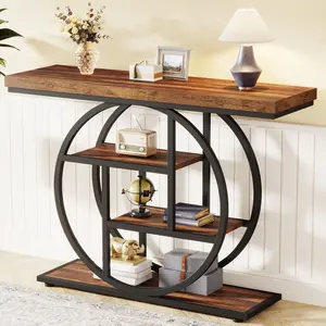 Spaco 41.3" Console Table, Industrial 4-Tier Sofa Table Entryway Table with Circle Base, Narrow Wood Accent Tables with Storage Shelves for Living Room, Hallway