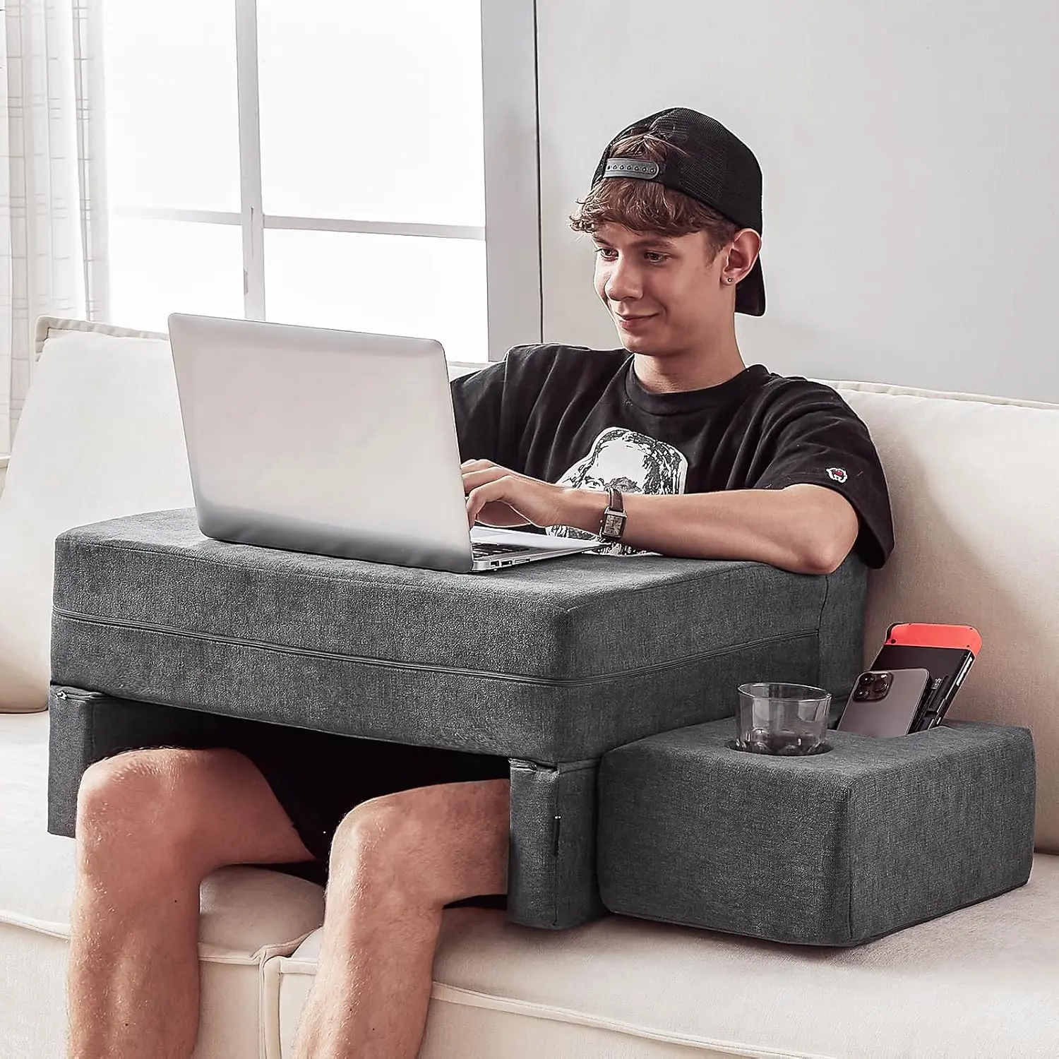 Lap Desk Pillow for Laptop, Large Reading Pillow for Adult, Arm Rest Pillow with Cup Holder, Memory  Bed Desk for Working, Gaming, Reading, Laptop Desk for Couch Bed Floor(Grey)