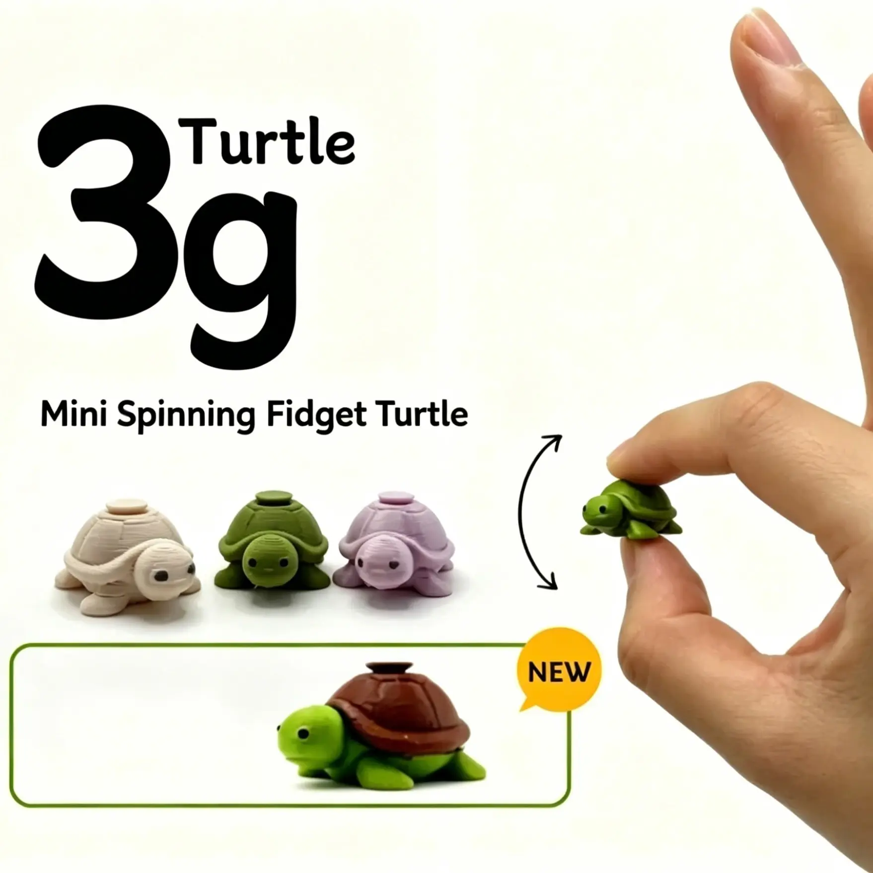 3g Mini Spinning Fidget Turtle, 3D Printed Stress Relief Toy, Portable Desktop Decoration, Finger Massage Tool, Single Piece