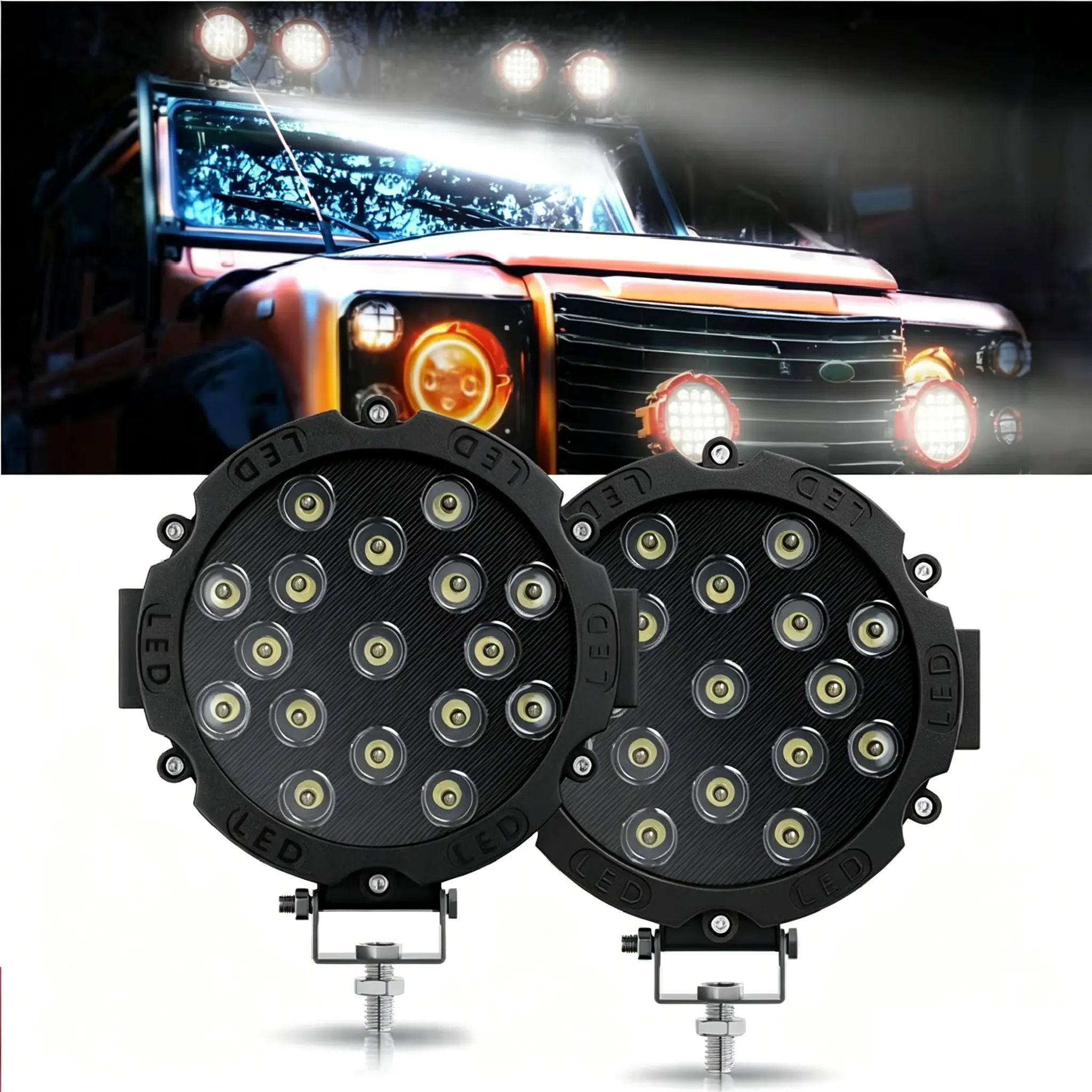 7-in 51W Flood Spot Combo LED Work Light Pods (2 Packs), 2500 Lumens Aluminum Alloy Auxiliary Auto Accessories, 12-24V Car Driving Lamps for 12v/24v Vehicle Lighting Parts, Auxiliary Lights