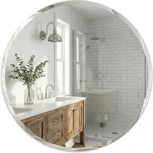 24 Inch Round Frameless Bathroom Mirror with Solid Backing, Beveled Edge Circle  Mirror for Over Sink, Small Wall Mirror for Entryway Bedroom Decor