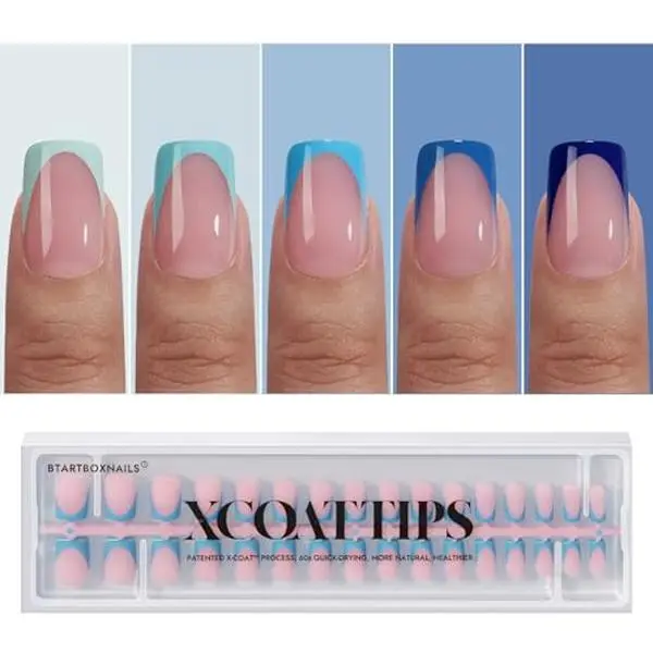 BTArtboxnails XCOATTIPS French Tip Press On Nails - Blue Press On Nails Short, Square Fake Nail Tips, 160Pcs Soak Off Soft Gel Acrylic Nail Extension in 16 Sizes