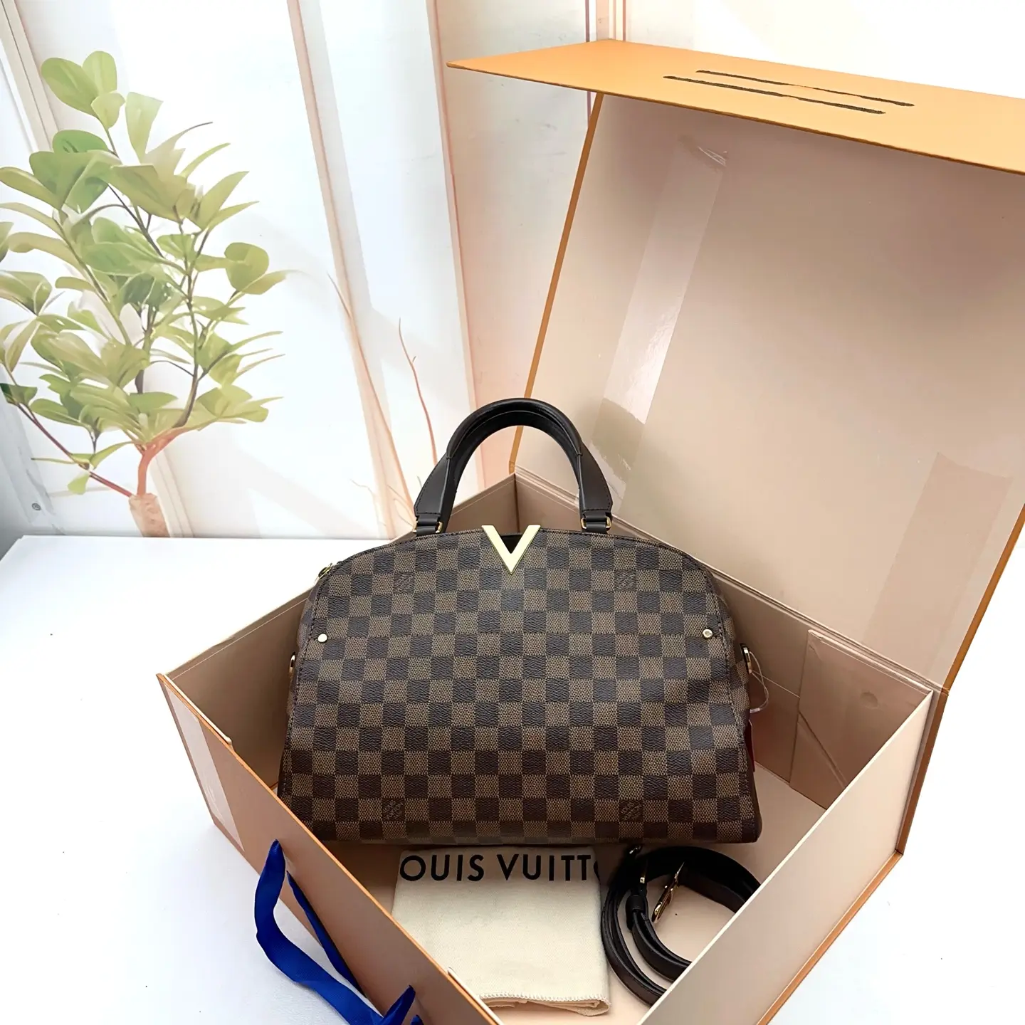 Pre-owned Louis Vuitton Damier Ebene Canvas V Logo Dome Handbag 0810 raye 21385027