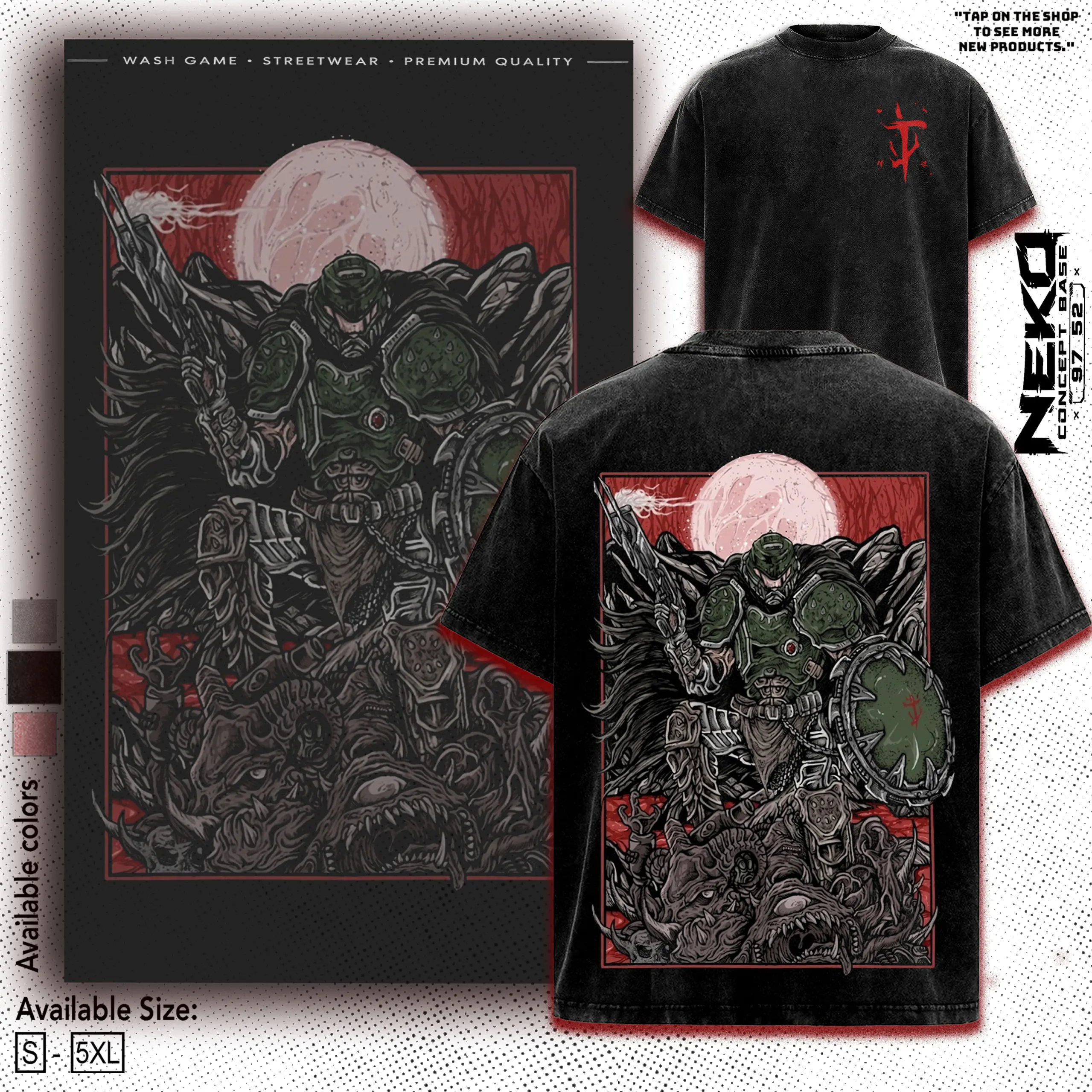 Doom Slayer Doomguy Vintage Washed Tee, Retro FPS Horror Game Graphic T-Shirt, Heavyweight Cotton Oversized Men Shirts, Gaming Fan Gift Merch, Unisex Casual Streetwear Outfits
