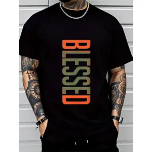 Men's Plus Size BLESSED 2D Printed T-Shirt - Bold Geometric Lettering, Breathable Comfort Fit, Machine Washable Casual Short Sleeve Tee for Casual Attire, Leisure Clothing, Modern Casualwear, Medium Elasticity Fabric, PLUS SIZE2ZX
