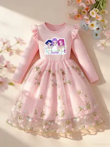 2026 Spring New Girl's Mesh Dress, Floral Embroidered Princess Dress, Long Sleeve Party Dress, Gift for Daughter, Elegant Casual Dress, Floral Embroidery Dress