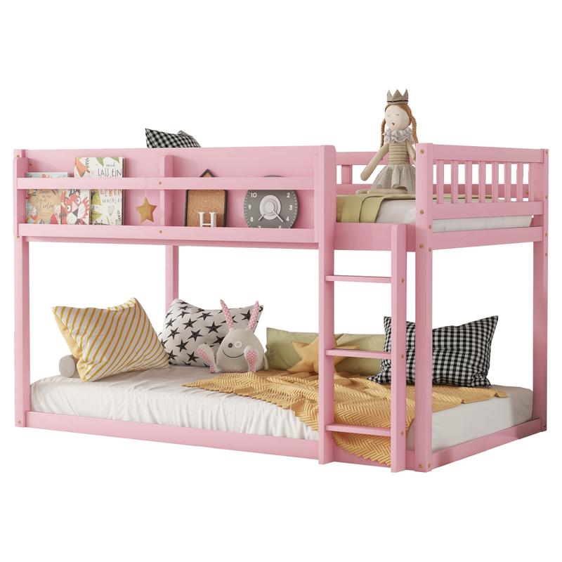 Twin Over Twin Low Bunk Bed, Floor Bunk Bed with Ladder, Solid Wood Twin Bunk Bed