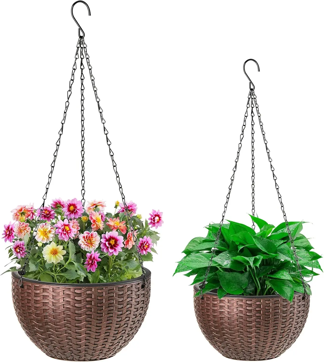2-Pack Synthetic Iron Hanging Baskets with Woven Appearance, Dual-Pot Self-Watering Design, Drainage Plug, Heavy-Duty Chain Hanger, 2 Sizes for Indoor Outdoor Home Decor & Garden Use