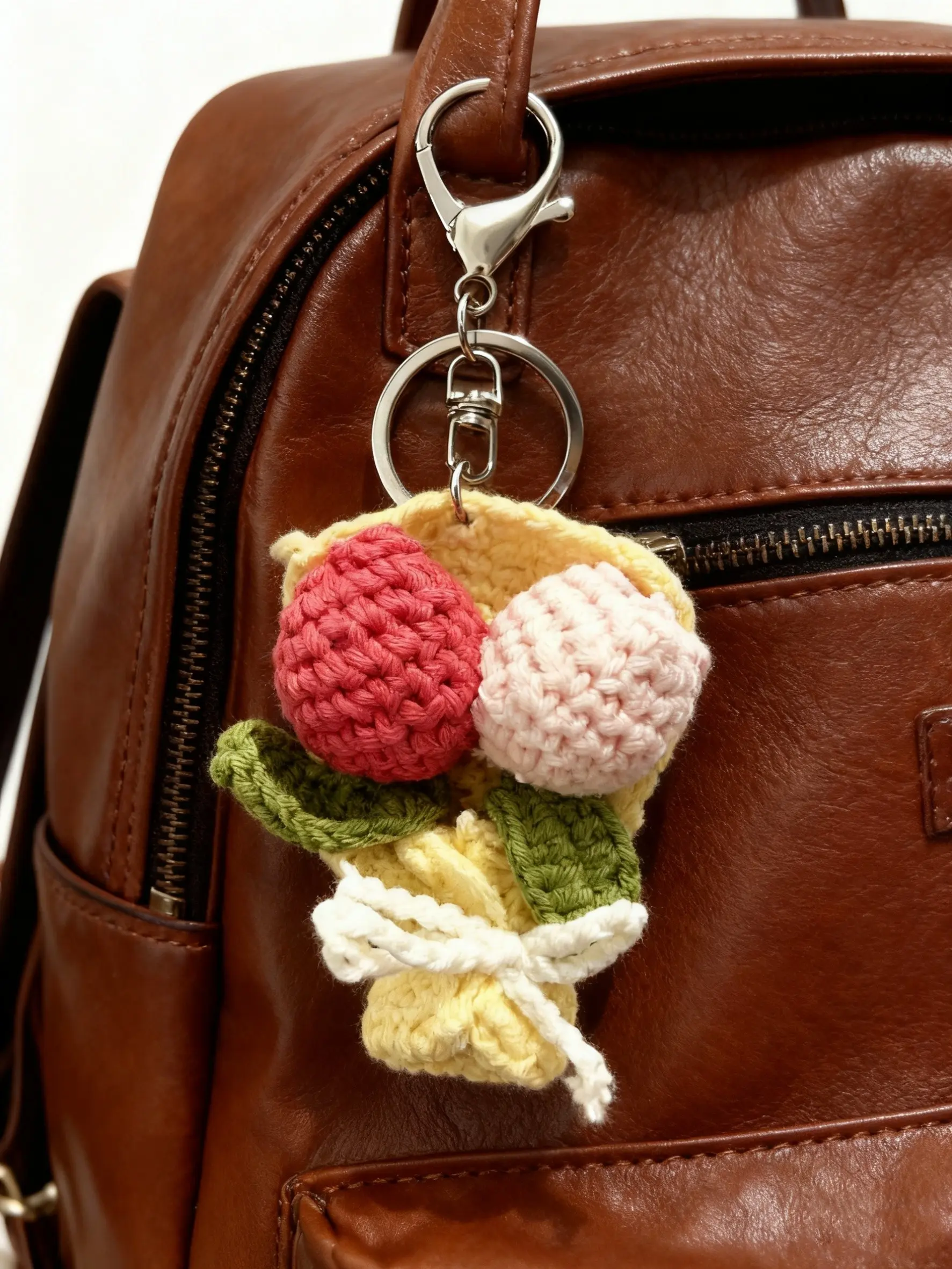 Handmade Crochet Tulip Bouquet Bag Charm with Gentle Style Keychain, Keychain for Purse, Unique Gift for Women, Delicate Accessory for Bags and Keys