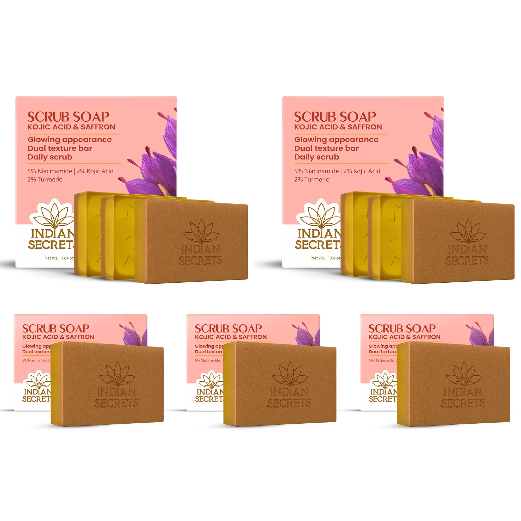 Indian Secrets Kojic Acid & Saffron Scrub Soap Bar - Brightening Face & Body Soap with Niacinamide, Turmeric - Exfoliating & Cleansing Bar - (9 Units Bundle x 110g/3.88oz)