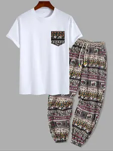 Men's Ethnic Pattern Pocket Tee Drawstring Waist Pants Two Piece Set Loose Boho Casual Plain Short Sleeve Round Neck T Shirt Trousers Spring Fall Outfits Daily Casual Wear Clothes Menswear 2026 Breathable Soft Lightweight Trendy Home Vacation Beach Street