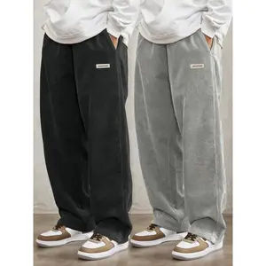 Men's Letter Patched Drawstring Waist Pants, Casual Comfy Straight Leg Trousers for Daily Wear, Men's Bottoms for All Seasons