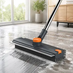 Long-Handle Floor Cleaning Brush — 3-in-1 Multi-Angle Rotating Floor Brush with Right-Angle Bristles, Built-in Squeegee, and Tweezers — Ideal for Cleaning Tiles, Walls, Decks, Bathrooms, Patios, Garages, and Kitchens Multifunctional Spin Scrubber