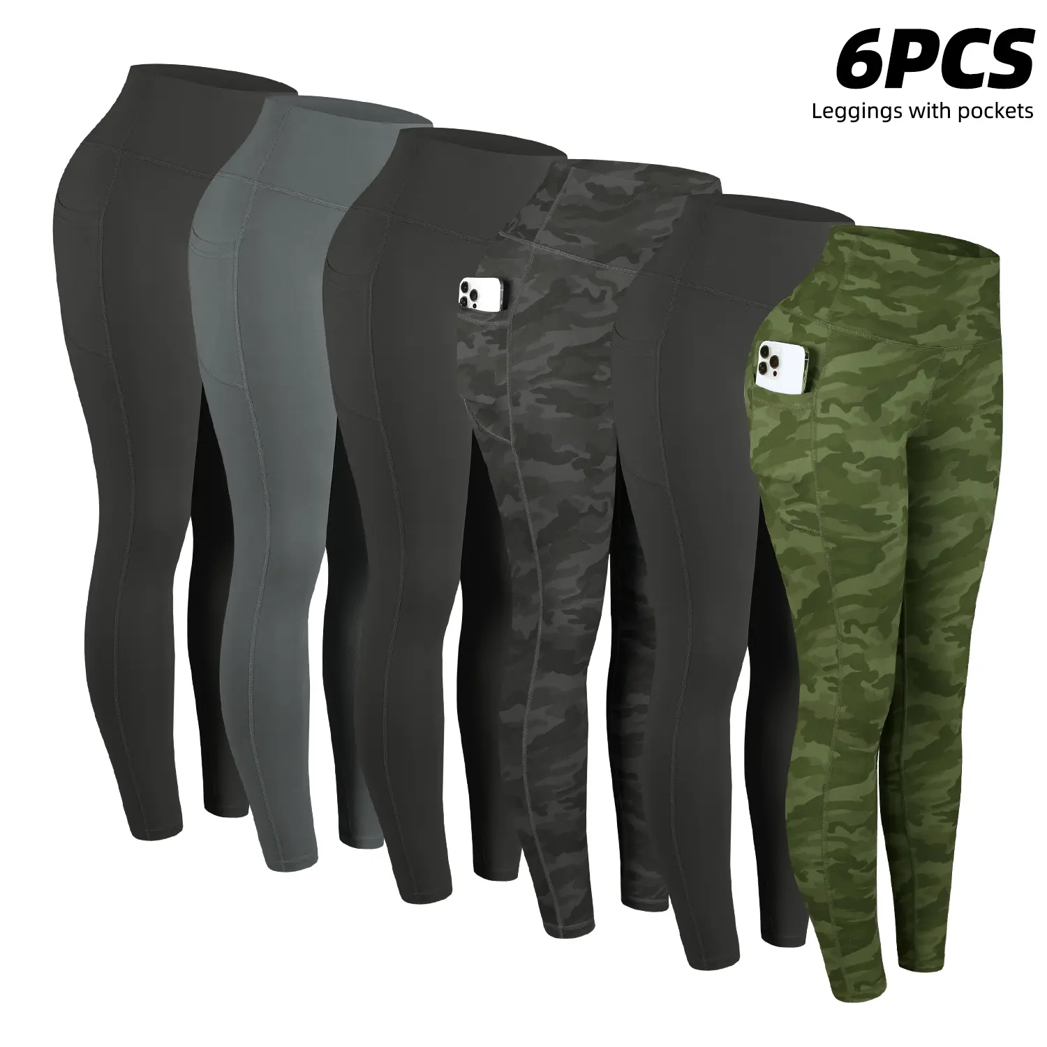Women's 6-Pack High-Waist Leggings, Buttery Soft Stretch Fabric with Side Pockets for Yoga & Workout, Cold Wash, Female, Universal, All Seasons, 6Pcs-091Black2-Agreen-Navy-Darkred-Coffee, Normal Type