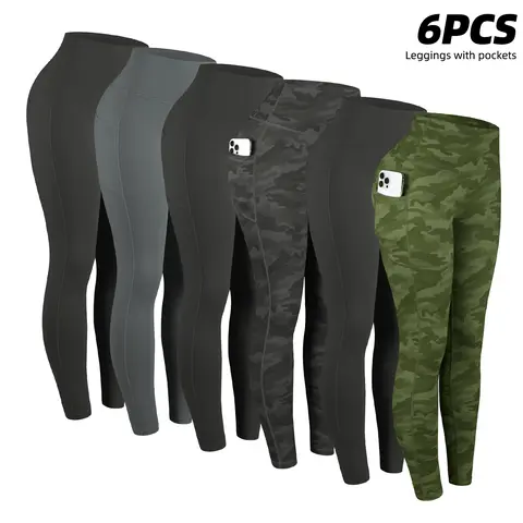 Women's Buttery Soft 6-Pack High-Waist Stretchable Soft Stretch Sports Leggings with Side Pockets - Workout Gear for Yoga, Running, Athleisure Bottoms, Stretchable Women's Sports Leggings, Soft Stretch Women's Sports Leggings