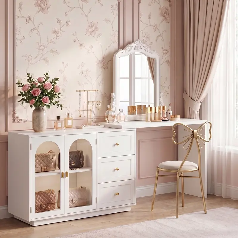 【SohoChic】RoyalCraft 2-in-1 Makeup Vanity Desk & Office Desk, Multifunctional and Space-Saving Extendable Corner Table with Drawers, No Mirror, Dressing Table for Bedroom, Vanity Desk for Working, Studying, Drawing, Sewing, Nail Care (White, Beige)