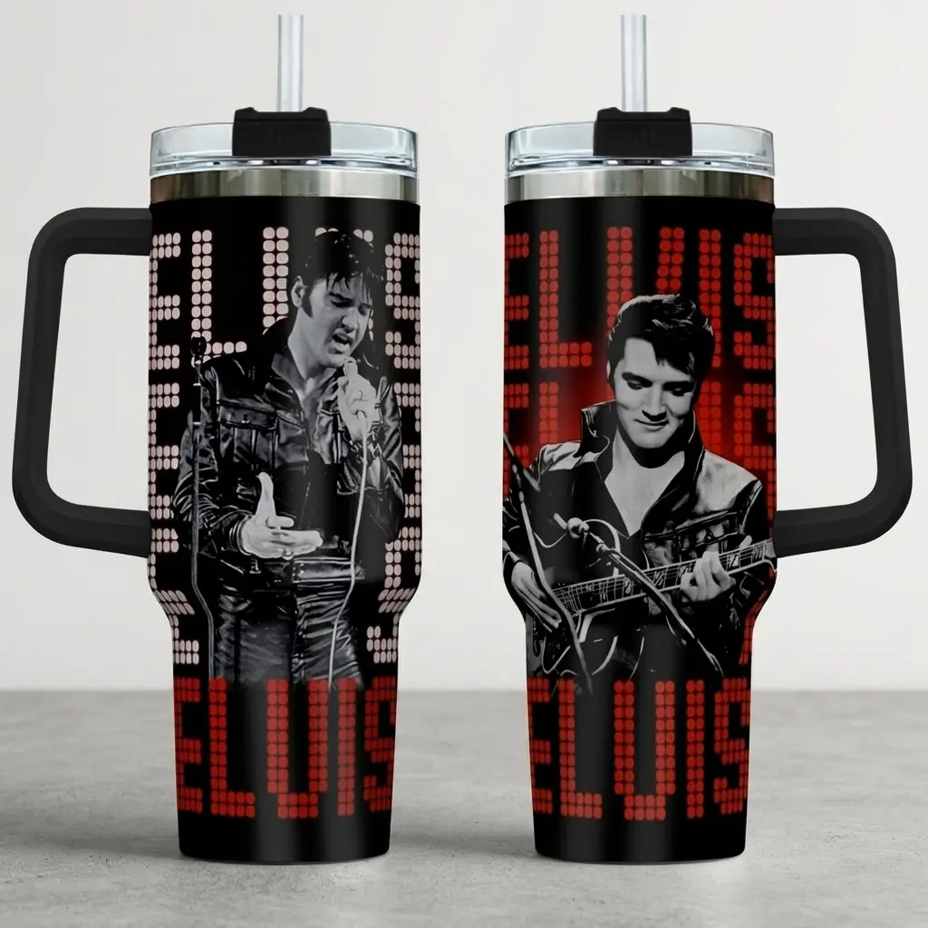 40oz Elvis Presley Inspired Stainless Steel Travel Tumbler with Handle & Straw, Casual 1,000-2,000 ml 3-Way Multi-Functional Lid, Guitar & Photo Collage Rock and Roll Cup, Gift for Adults