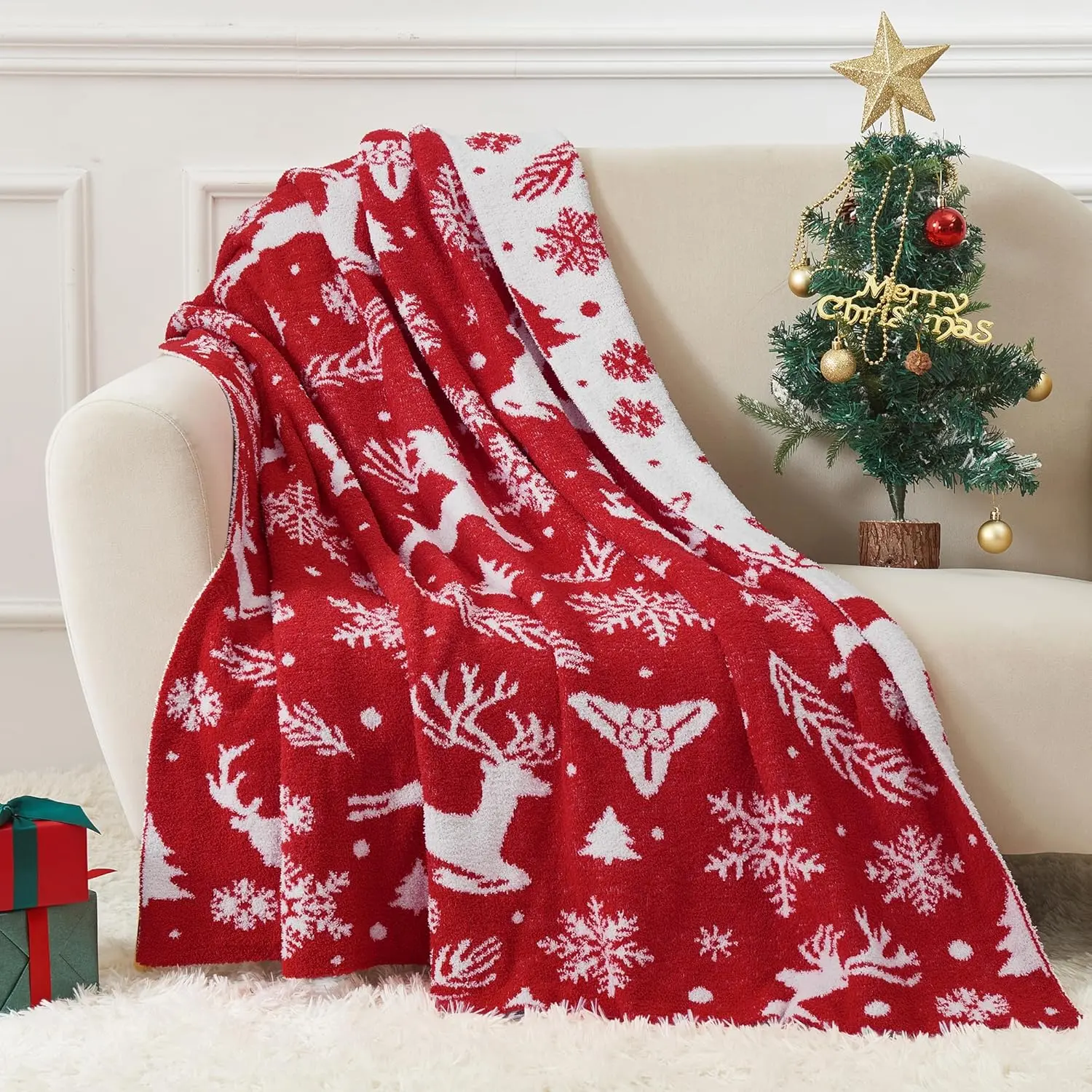 Christmas Blanket, Ultra Soft Cozy Fuzzy Warm Reversible Knit Throw Blanket for Couch, Microfiber Lightweight Knitted Blanket Holiday Theme Home Christmas Decor (Reindeer, 51"x63")