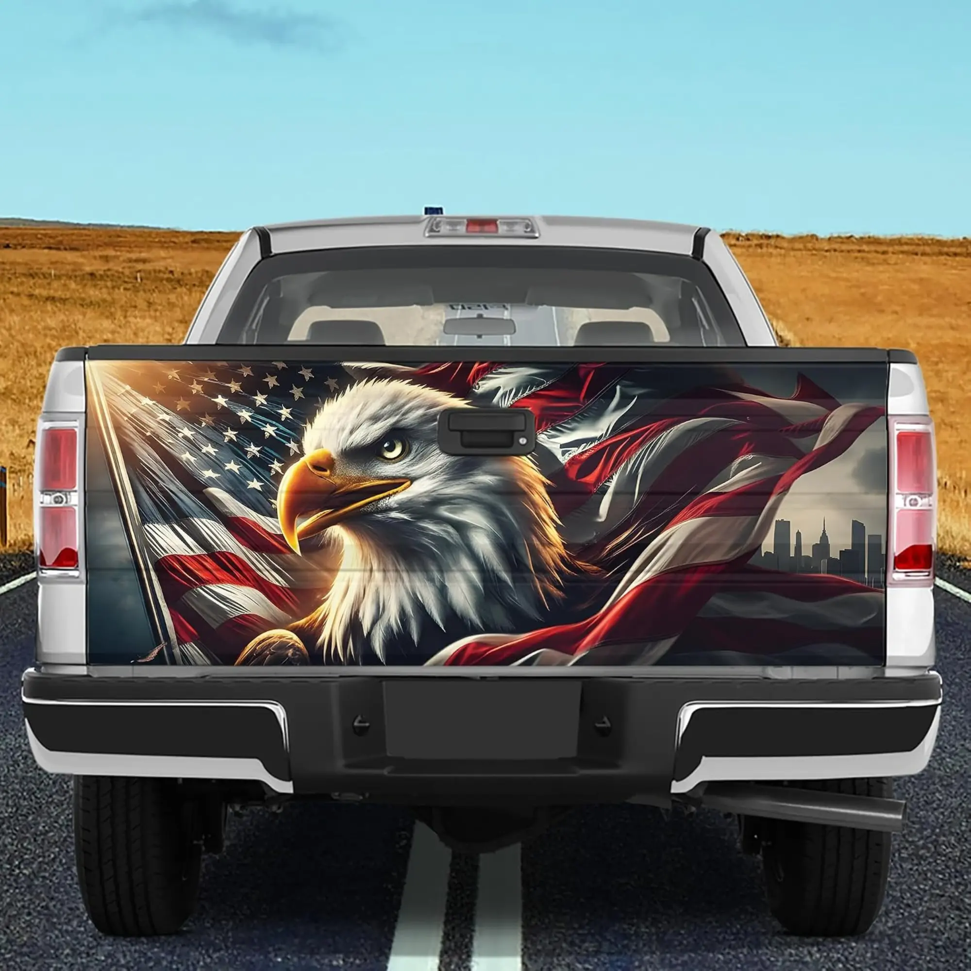 Patriotic America Flag Bald Eagle Tailgate Wrap – Red White Blue Vintage Eagle Rear Pickup Vinyl Decal, Outdoor Vehicle Tailgate Decor