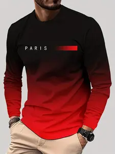 Men's Paris Letter Gradient Print Long Sleeve Round Neck Pullover, Casual Fashion Streetwear Comfortable Sporty Design