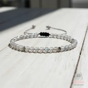 Sofia Natural Moonstone Beaded Bracelet Clear Crystal Braided Dainty Handmade Boho Style for Daily Use Minimalist Adjustable Fit 6-7.5 Inches