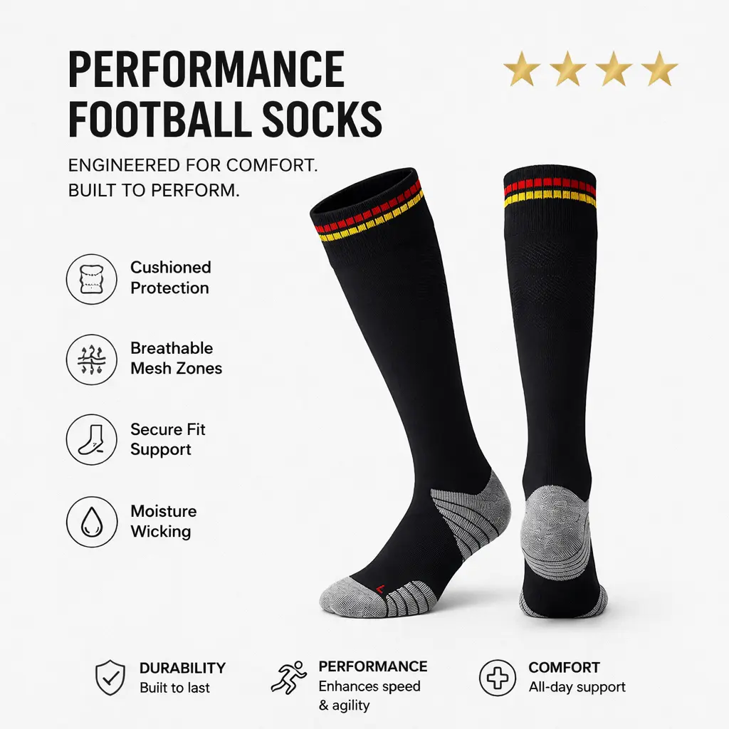 JUPICHUBI Soccer Socks for Men “The Machine” Black/Red/Gold Edition Fan Soccer Socks Cushioned Grip Football Socks for Global Tournament Fans, Breathable Knee High Sports Socks for Match Day