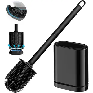 Silicone Toilet Brush and Holder Set, Toilet Brushes with Ventilated Holder, Wall Mounted Toilet Bowl Brush with Long Handle Bendable Brush Head, Black Toilet Brush Cleaner for Bathroom RV