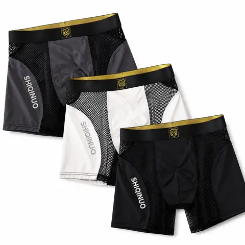 SHIQINUO Men's 3-Pack Form-Fitting Boxer Briefs Activewear - Breathable Cool-Touch Mesh Panels Underwear, Anti-Chafe Support Pouch, Reflector Logo, Stretch Waistband for Workouts