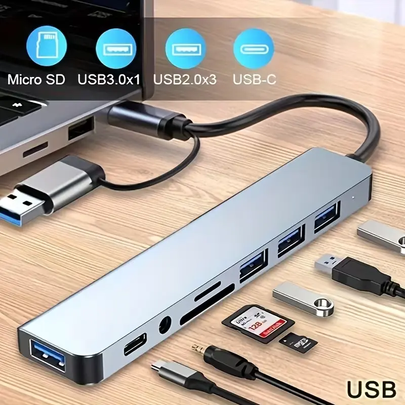 8 in 1 Portable Aluminium USB C Hub - HDMI Adapter, Convenient USB Splitter, SD/TF Card Reader, Data Sync, Fast Data Transfer Speeds for MacBook Laptops, Portable Usb Hub, Usb Extension