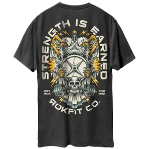 RokFit 'Strength Is Earned' Short Sleeve Crew Neck T-Shirt Charcoal Blended Material Active Streetwear Graphic Tee