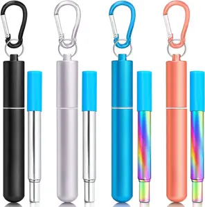 Reusable Straws, 4Pack Collapsible Portable Metal Straw Reusable Foldable Stainless Steel Drinking Travel Straw with Case, Clean Brush, Keychain Gifts