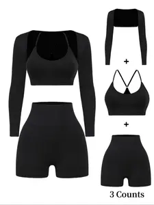3 COUNTS Women's Solid Color Shapewear Set, Long Sleeve Crop Top & High Waist Shorts & Ring Linked Bra, Tummy Control Shaper for Daily Wear, Casual Workout Loungewear, Sportswear Set