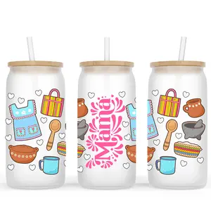 Mexican Mama Frosted Glass Cup With Bamboo Lid and Reusable Straw. Sizes 16oz or 20oz Available.