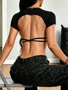 Women's Fashion Backless Cross Short Sleeve Tight Fit T-Shirt, Stylish Chic Summer Top, Comfortable and Trendy, Perfect for Casual Wear, Womenswear, Streetwear