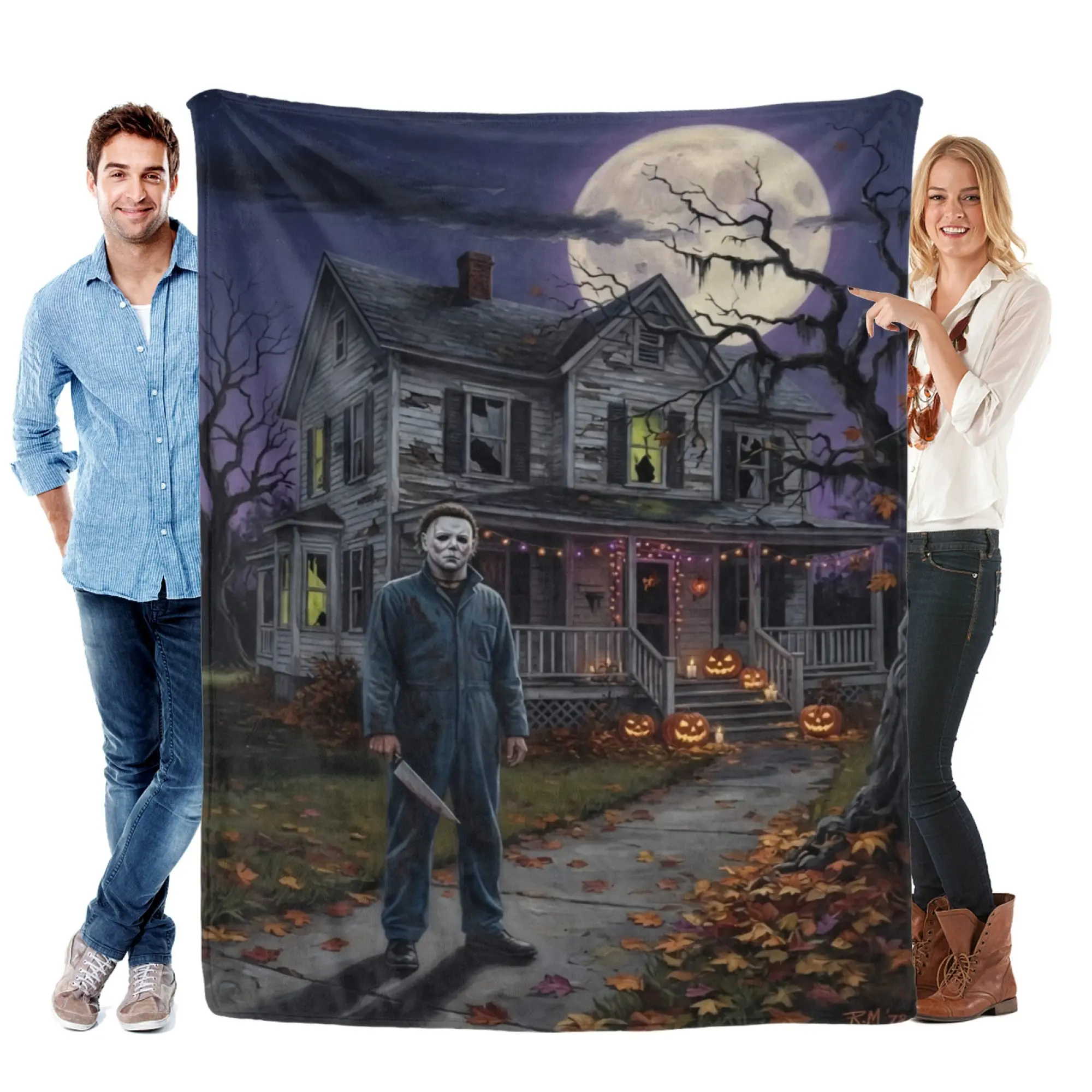 Halloween Horror Flannel Throw Blanket - Classic Mask Killer House Night Scene Graphic, Soft Texture Home Linen, Cozy Couch Bed Accessory, Halloween Room Decor, House Decor Gift for Horror Movie Fans