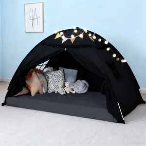 Twin Size Bed Canopy with Lights & Flags - Indoor Floor Bed Kids Tent Playhouse, Portable & Foldable Twin Bunk Curtains - Blackout Tents for Girls & Boys Bedroom, Ideal Slumber Gifts.