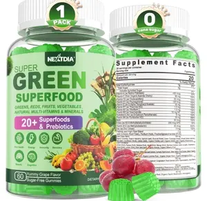 Super Greens Gummies, Greens Superfood Powder Alternative w/Spirulina, Chlorella, Prebiotic Fiber, Probiotic, Fruit Veggie, Daily Greens Vegetable for Digestive & Gut Health, Immunity, Focus, 60 Cts