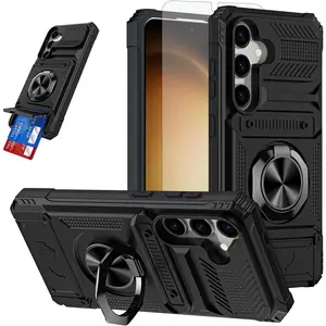 Samsung S25 Ultra Smartphone Wallet Casing, 2 Card Slots Cellphone Accessory with 360° Ring Kickstand, Heavy Duty Shockproof Full Body Protective Cover with Soft Bumper