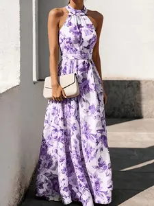 French Vintage Halter Backless Blue Print Long Dress, High Waist Slim Fit A-Line Chiffon Dress, Elegant Summer Fashion