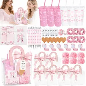 55 Pcs Baby Shower Game Prizes, 6 Set Party Favors for Guests with Cups Notebooks Pens Hair Ties Coasters Bath Sponges Folding Comb Gift Bags and Thank You Cards for Bridal Shower Wedding(Pink)