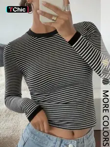Women's Striped Slim-Fit Long Sleeve Casual Streetwear Spring Summer Top, Stylish Plain Fashion Tee for Daily Wear, Comfortable & Trendy Design